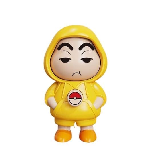 Toy figure in a yellow hoodie with a Pokémon logo on a white background