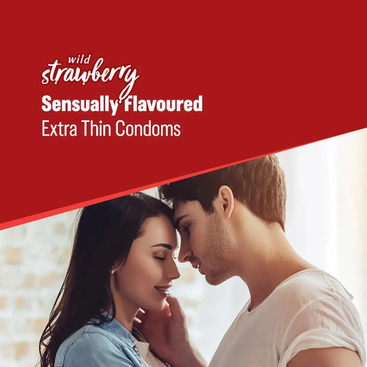Advertisement for wild strawberry sensually flavored extra thin condoms with a couple embracing.