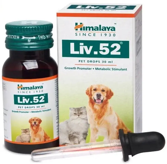 Himalaya Liv.52 pet drops bottle and packaging with dropper on a white background