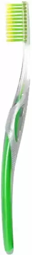 Green and white toothbrush on a white background
