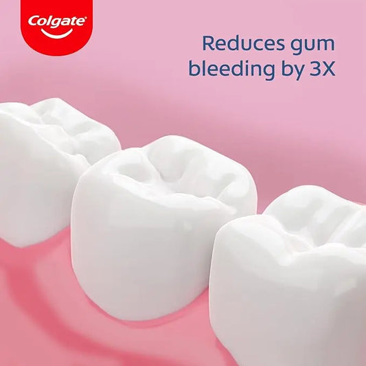 Colgate toothpaste with teeth and text on a pink background