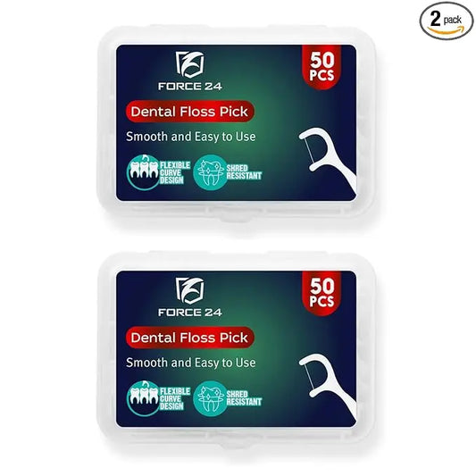 Two packages of Force 24 dental floss picks on a white background