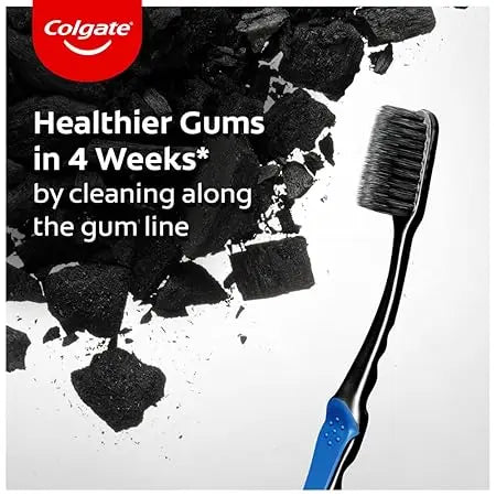 Colgate toothbrush with black plaque and text about healthier gums in 4 weeks.