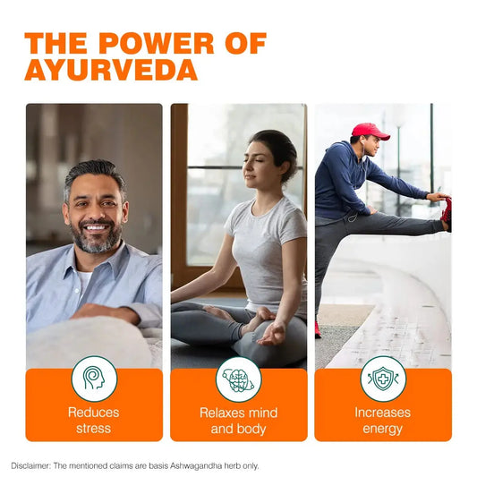 Promotional graphic for Ayurveda benefits with three people and text on a white background.