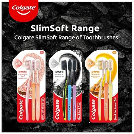Colgate SlimSoft Range toothbrush packages on a dark background