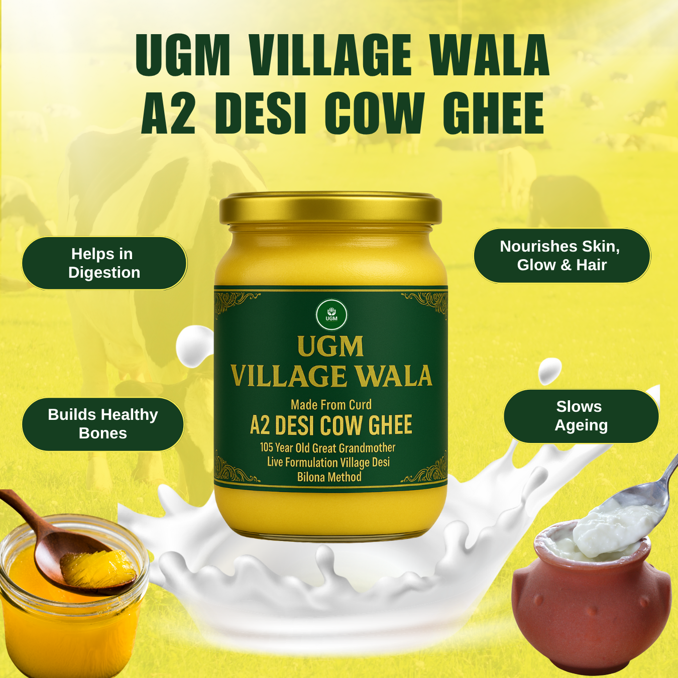 Jar of UGM Village Wala A2 Desi Cow Ghee with benefits listed on a yellow background