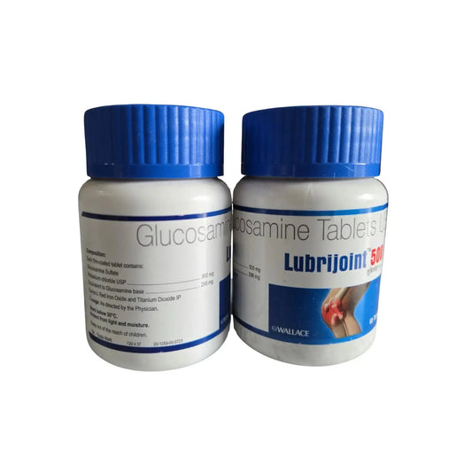 Two bottles of Glucosamine and Lubrijoint on a white background