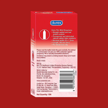 Durex Extra Thin Wild Strawberry Flavoured - 12 Condoms | Pack of 1