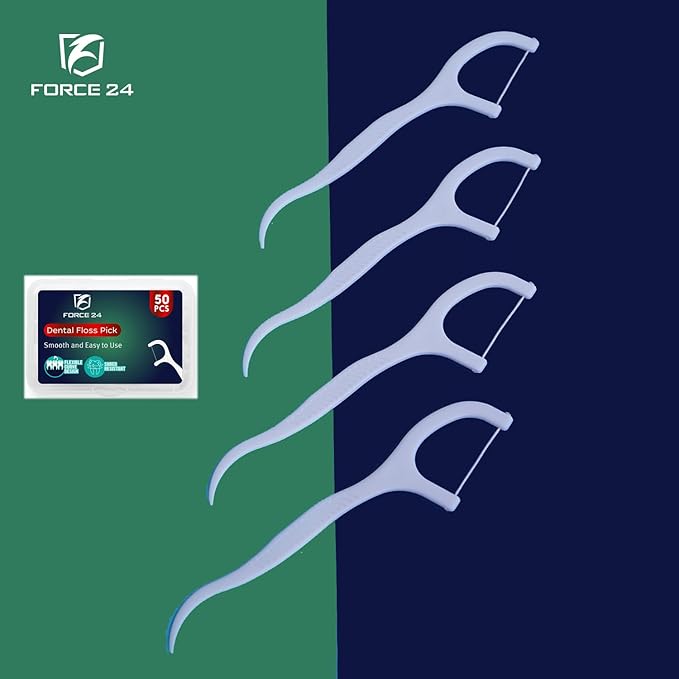 Set of dental floss picks with Force 24 branding on a green and blue background