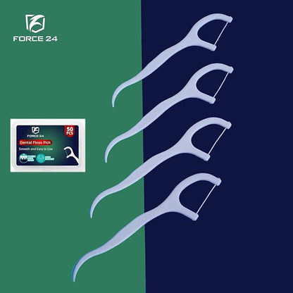 Set of dental floss picks with Force 24 branding on a green and blue background