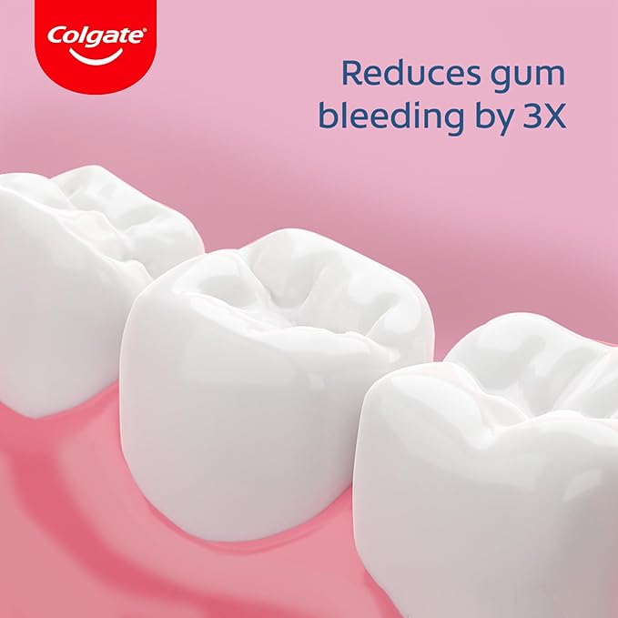 Colgate toothpaste with teeth and text on a pink background