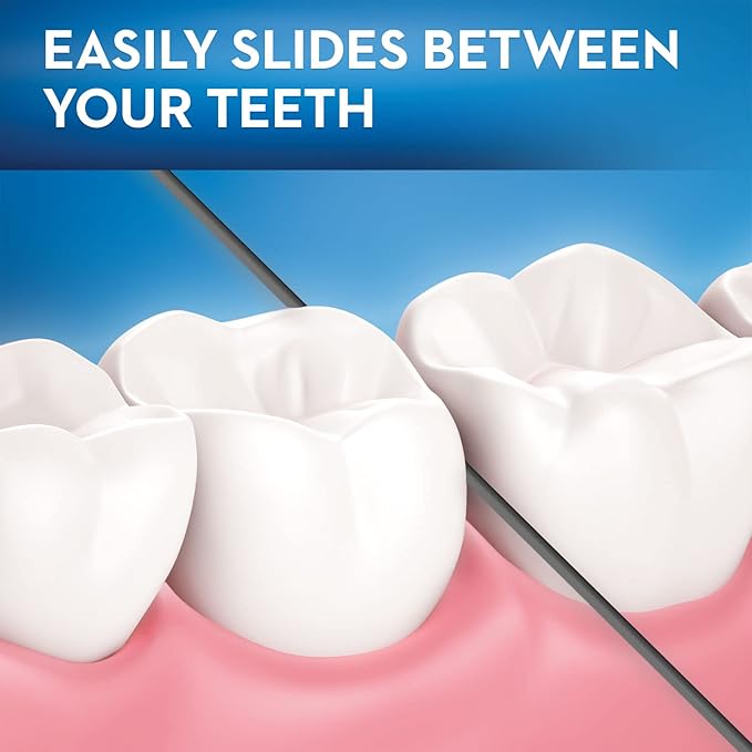 Teeth with a dental floss between them against a blue background