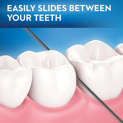 Teeth with a dental floss between them against a blue background