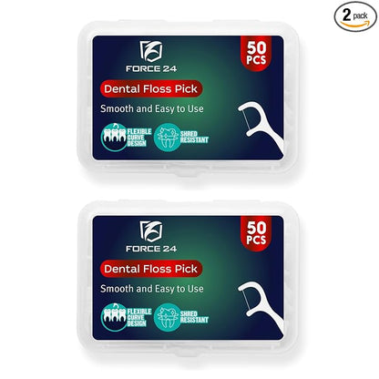 Two packages of Force 24 dental floss picks on a white background