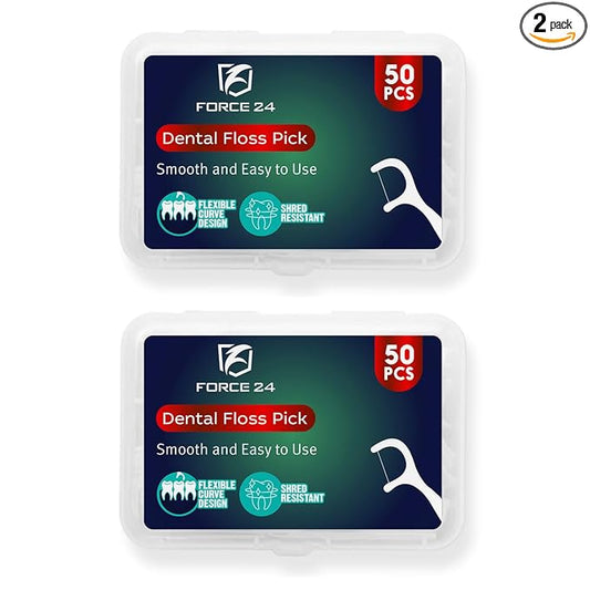 Two packages of Force 24 dental floss picks on a white background