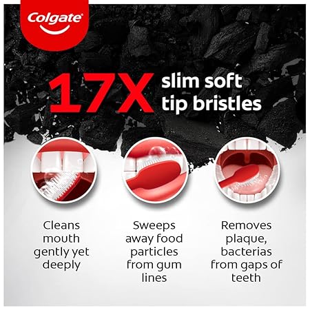 Colgate toothbrush bristle advertisement with text highlighting features.