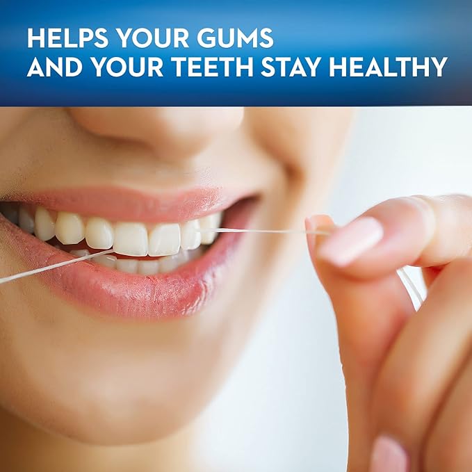 Person using dental floss with text 'HELPS YOUR GUMS AND YOUR TEETH STAY HEALTHY' on a blue background