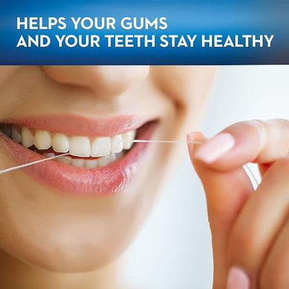 Person using dental floss with text 'HELPS YOUR GUMS AND YOUR TEETH STAY HEALTHY' on a blue background