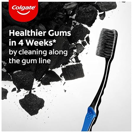 Colgate toothbrush with black plaque and text about healthier gums in 4 weeks.
