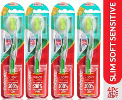 Four Colgate Slim Soft Sensitive toothbrush packages with visible branding.