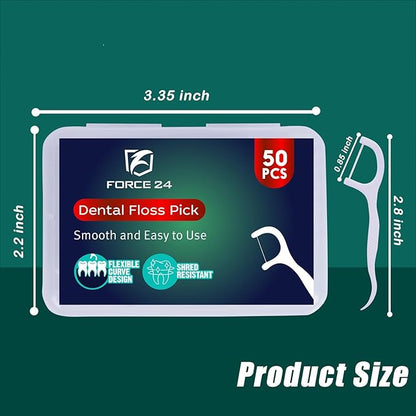 Force 24 dental floss pick packaging with dimensions on a green background