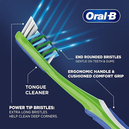 Oral-B toothbrush with features highlighted on a blue background