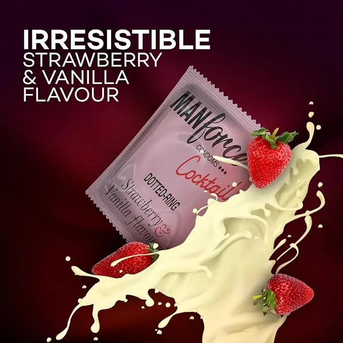 Manforce product with strawberry and vanilla flavor text on a dark background