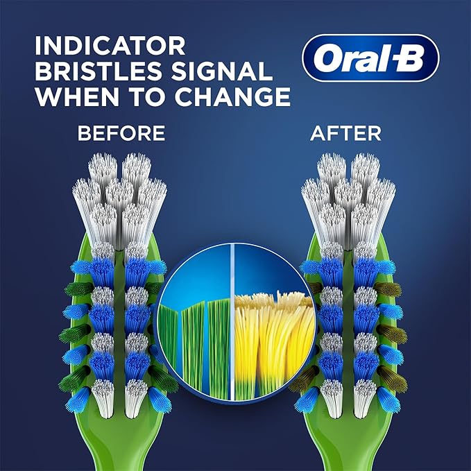 Oral-B electric toothbrush heads with indicator bristles showing before and after use on a blue background.