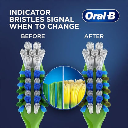 Oral-B electric toothbrush heads with indicator bristles showing before and after use on a blue background.