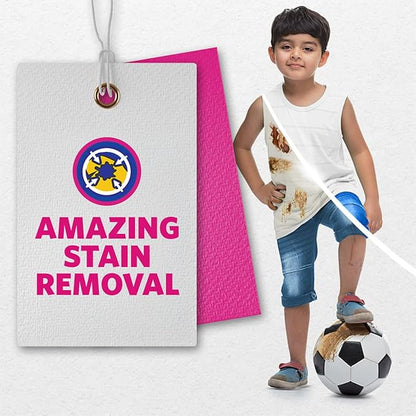 Child playing soccer with a 'Amazing Stain Removal' product tag in the foreground.
