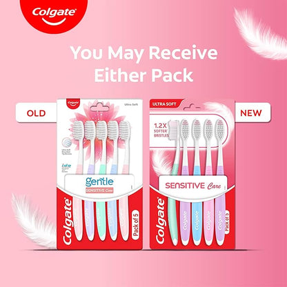 Colgate toothbrush packages for 'Gentle' and 'Sensitive Care' on a pink background with Colgate logo.