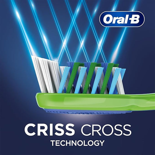 Oral-B toothbrush with criss cross technology on a dark blue background