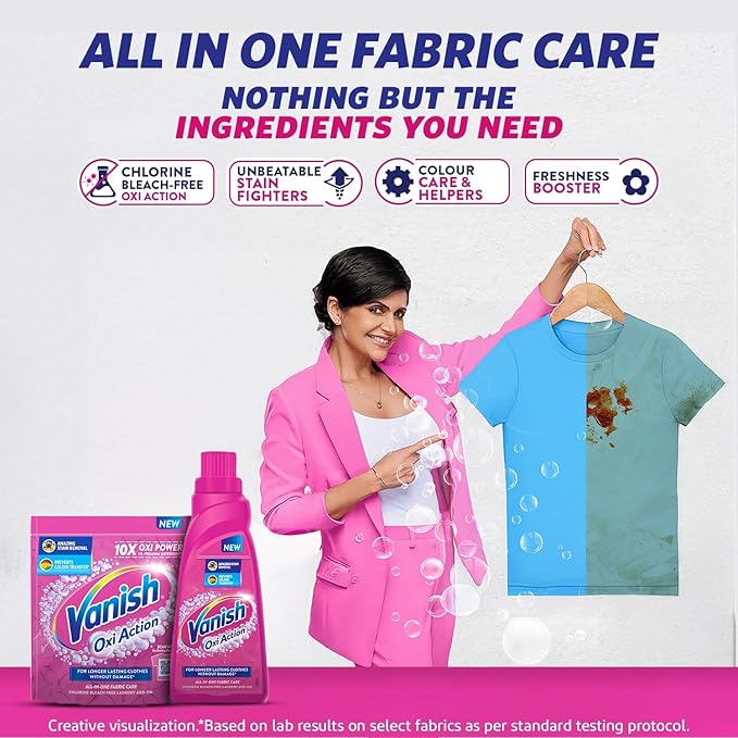 Vanish fabric care product advertisement with a woman holding a hanger with a shirt and Vanish products on a white background.