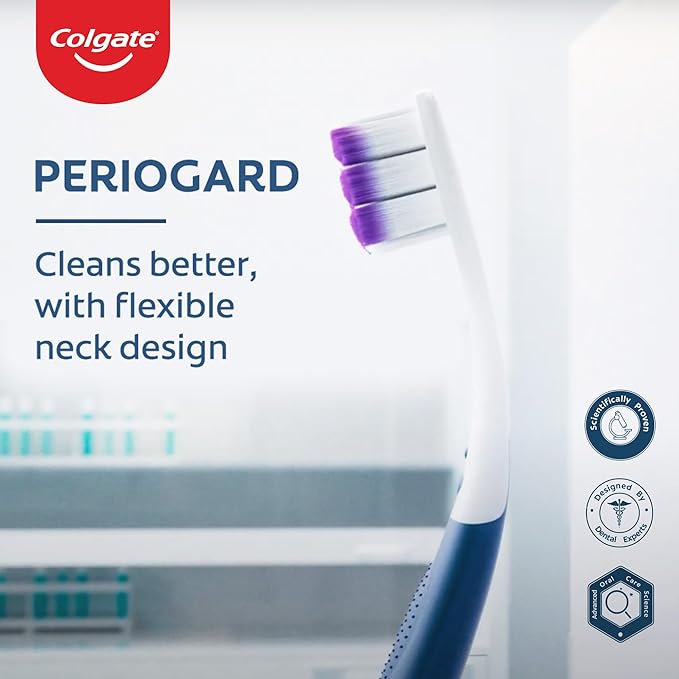 Colgate Periogard toothbrush with text highlighting features on a white background