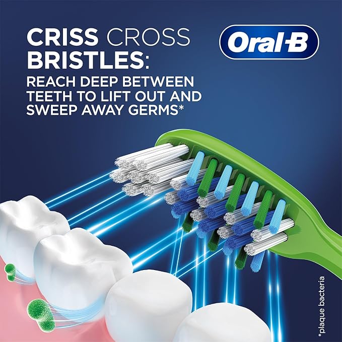 Oral-B toothbrush with criss-cross bristles on a dark blue background