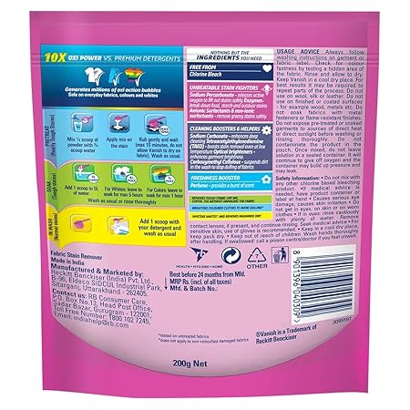 Back of a detergent packet with text and icons on a pink background