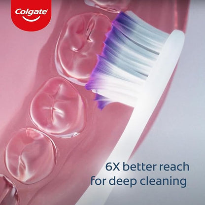 Colgate toothbrush with 6X better reach for deep cleaning text on a pink dental model background.