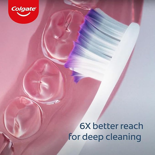 Colgate toothbrush with 6X better reach for deep cleaning text on a pink dental model background.