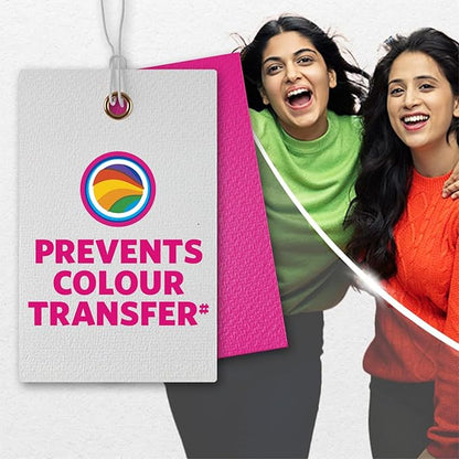 Two women standing behind a product tag with text 'Prevents Colour Transfer' on a white background.