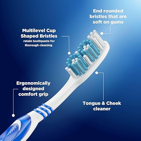 Toothbrush with labeled features on a blue background