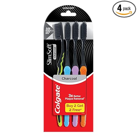Packaging of Colgate Slim Soft Charcoal toothbrushes with promotional text on a white background