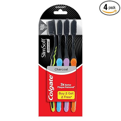 Packaging of Colgate Slim Soft Charcoal toothbrushes with promotional text on a white background