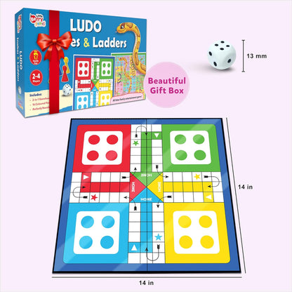 Ludo Game for Kids | 2-in-1 Snakes & Ladders and Ludo Board | 14”x14” Foldable Big Family Game for Kids & Adults | Travel-Friendly Dice Board Game