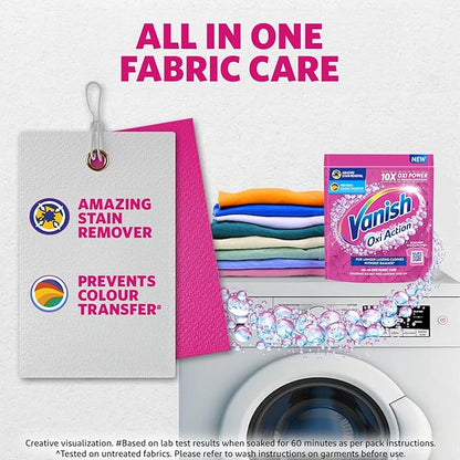Vanish fabric care product with text on a washing machine background