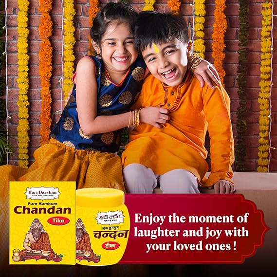 Two children in traditional attire with a container of Chandan Kumkum and text encouraging enjoyment with loved ones.
