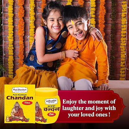 Two children in traditional attire with a container of Chandan Kumkum and text encouraging enjoyment with loved ones.