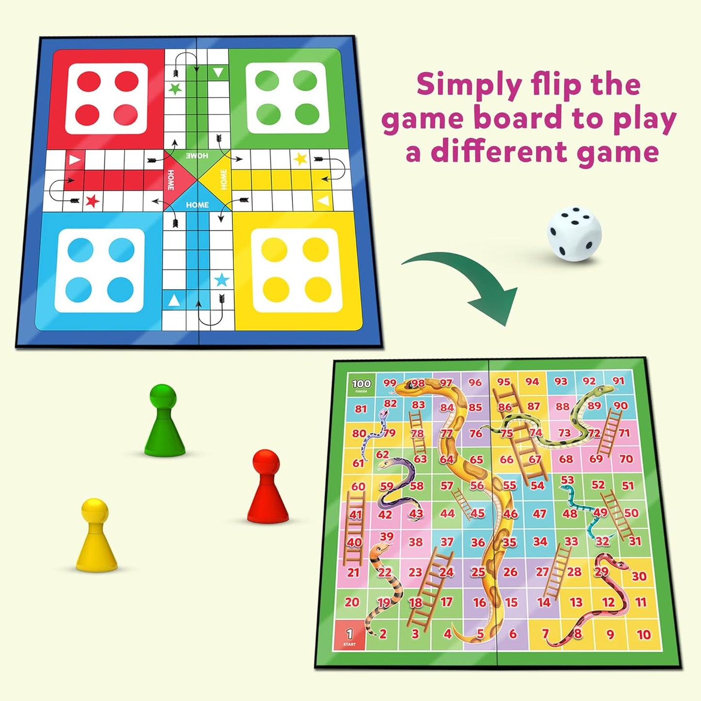 Ludo Game for Kids | 2-in-1 Snakes & Ladders and Ludo Board | 14”x14” Foldable Big Family Game for Kids & Adults | Travel-Friendly Dice Board Game