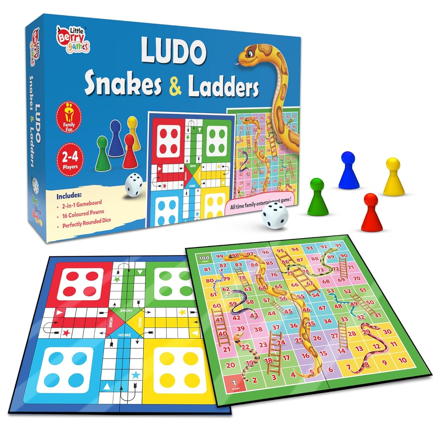 Ludo Game for Kids | 2-in-1 Snakes & Ladders and Ludo Board | 14”x14” Foldable Big Family Game for Kids & Adults | Travel-Friendly Dice Board Game