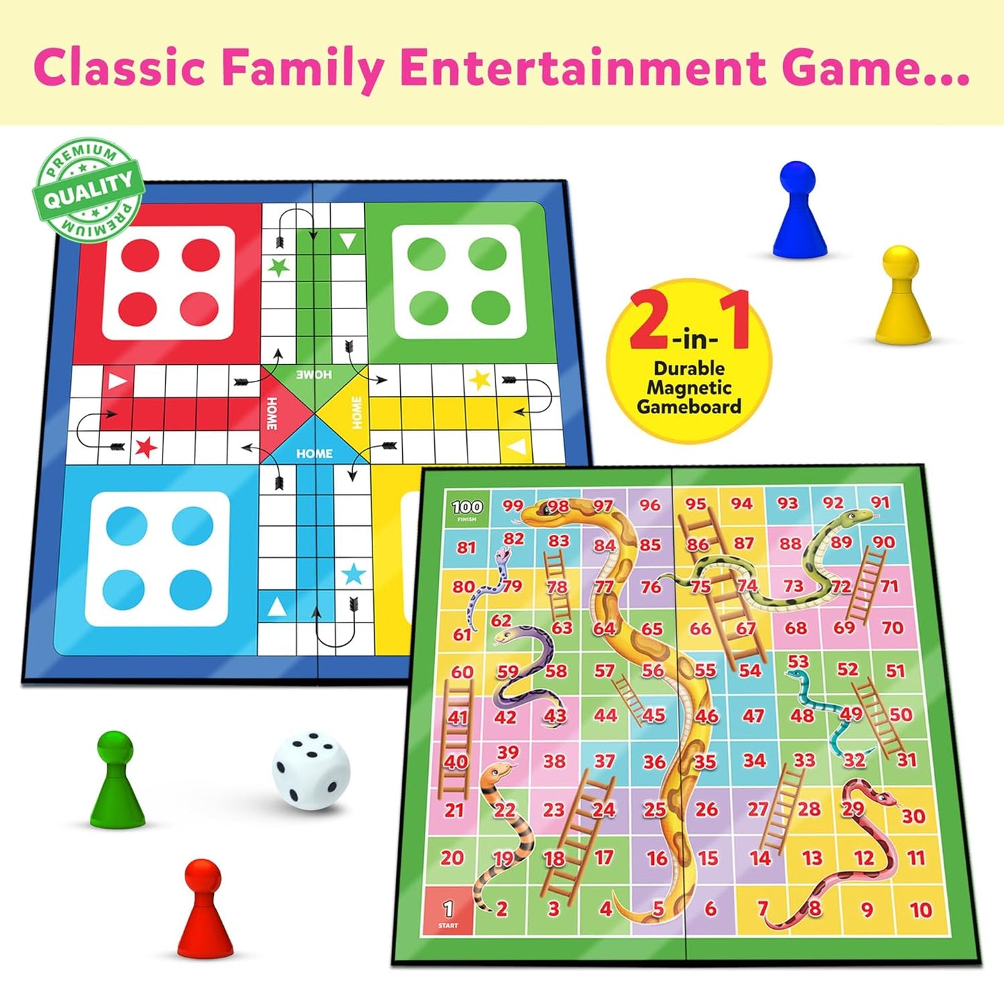 Ludo Game for Kids | 2-in-1 Snakes & Ladders and Ludo Board | 14”x14” Foldable Big Family Game for Kids & Adults | Travel-Friendly Dice Board Game