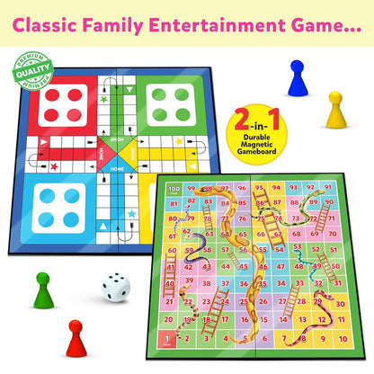 Ludo Game for Kids | 2-in-1 Snakes & Ladders and Ludo Board | 14”x14” Foldable Big Family Game for Kids & Adults | Travel-Friendly Dice Board Game